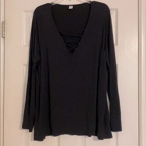 Black Long Sleeved Top with Lace up Neck Detail